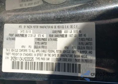 2018 Mazda Mazda3 Touring z USA, uszkodzony, nr VIN 3MZBN1V34JM230025